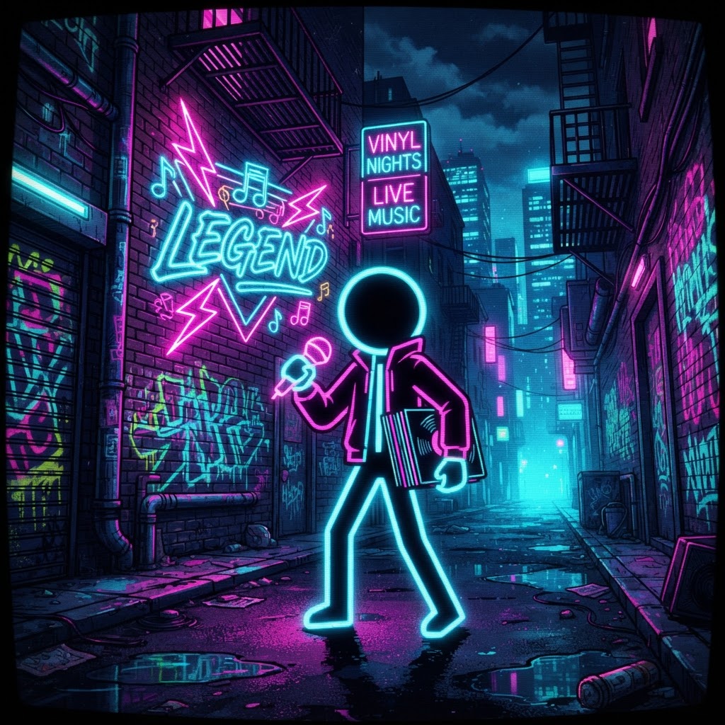 Neon arcade legend stickman with microphone and vinyl records
