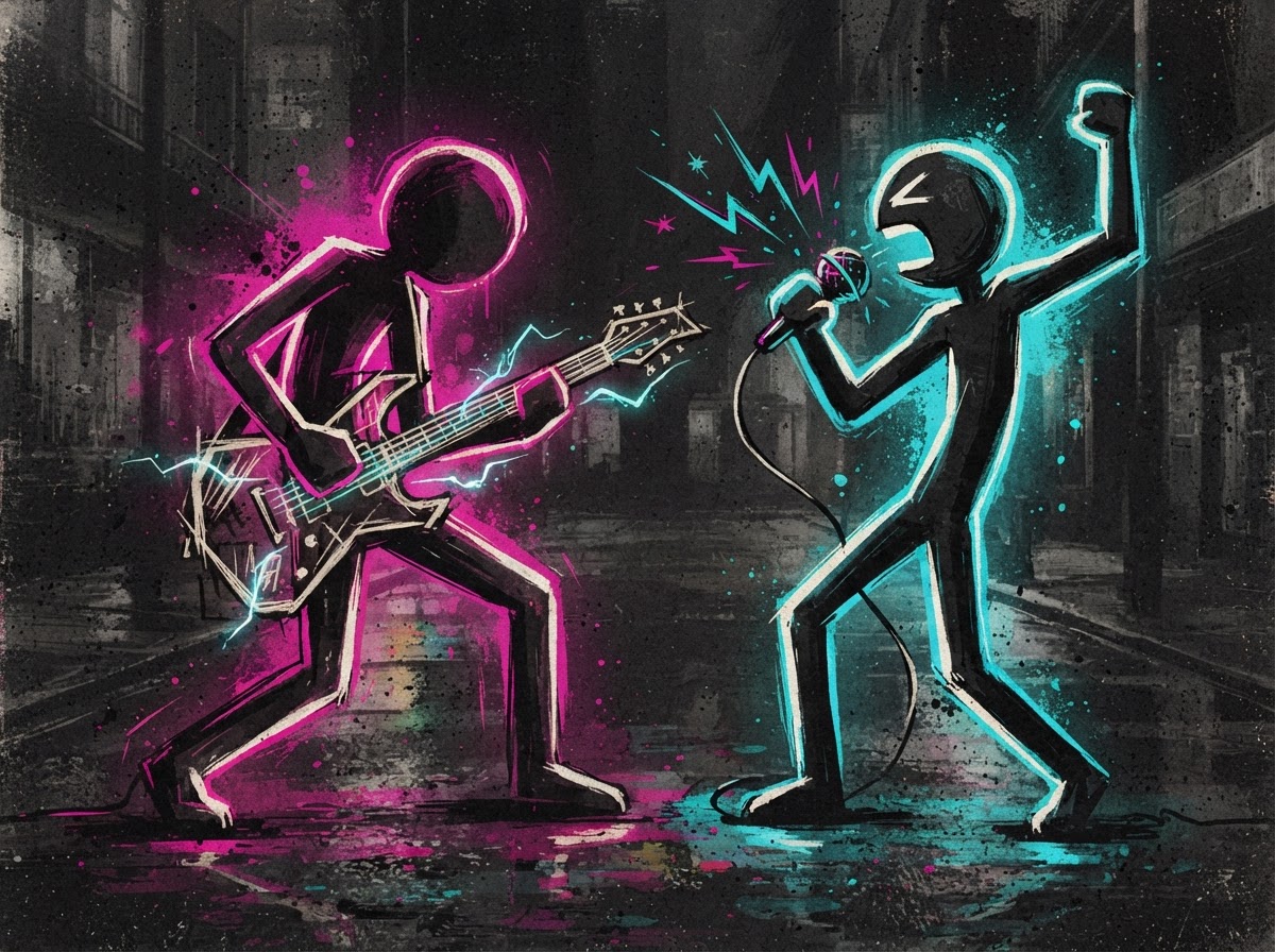 Stickman musicians in a street battle