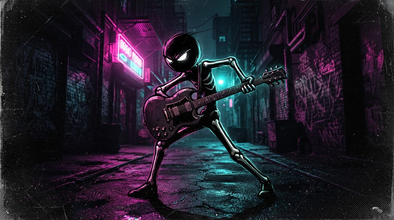 Stickman musician in a neon city alley