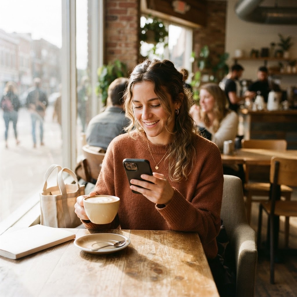A young woman in a cafe looking at her smartphone while holding a cup of coffee