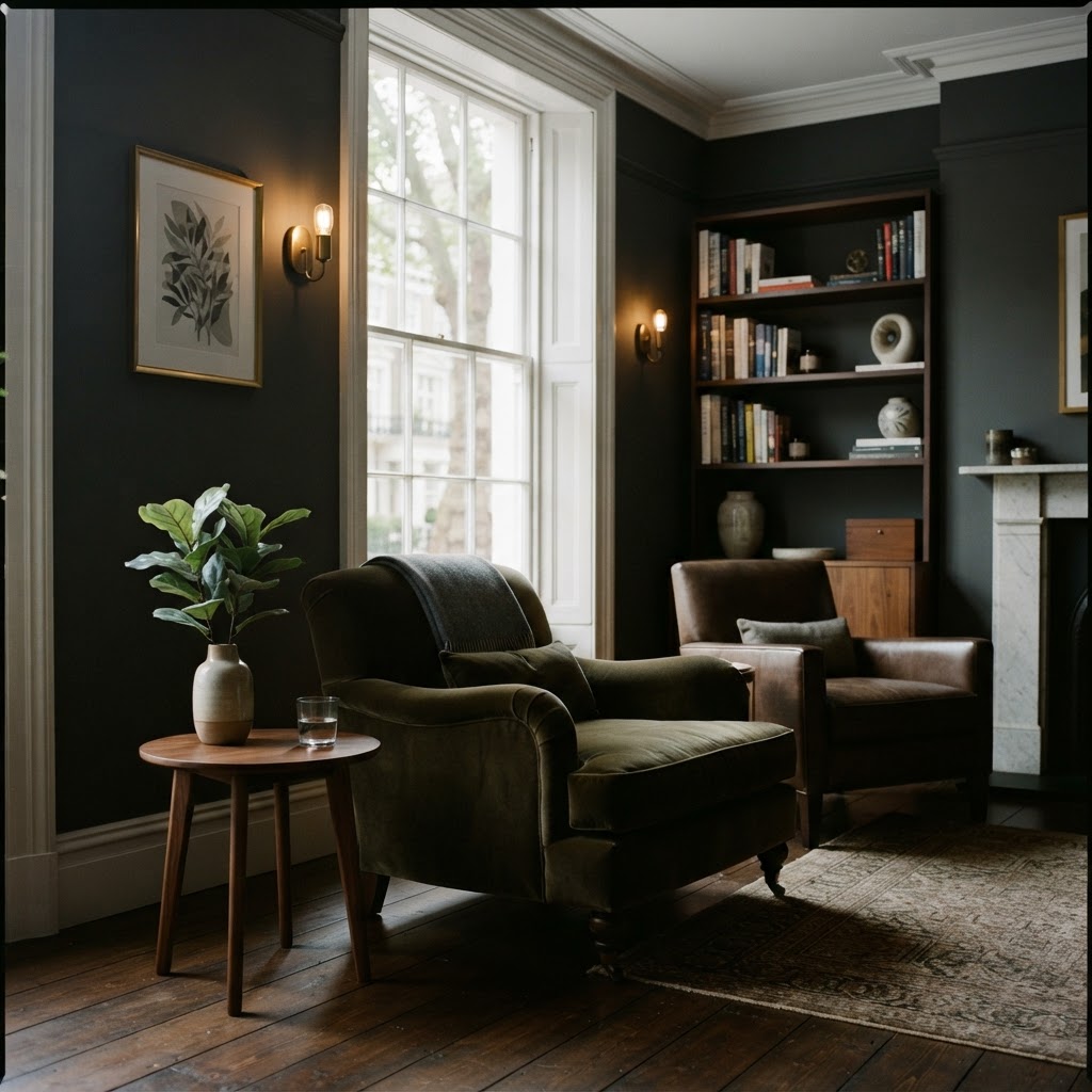 Serene therapy room interior with armchair by a sash window
