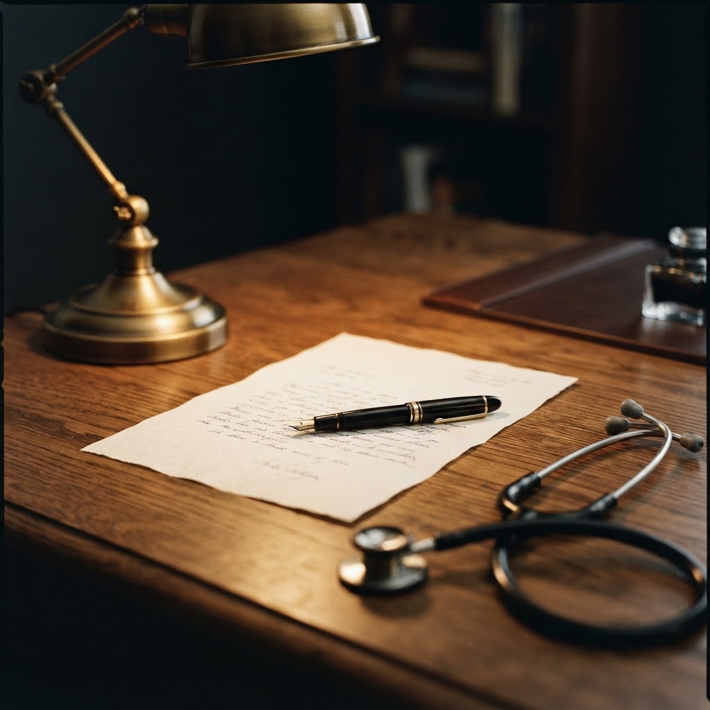 Editorial still-life: fountain pen and referral letter on a wooden desk