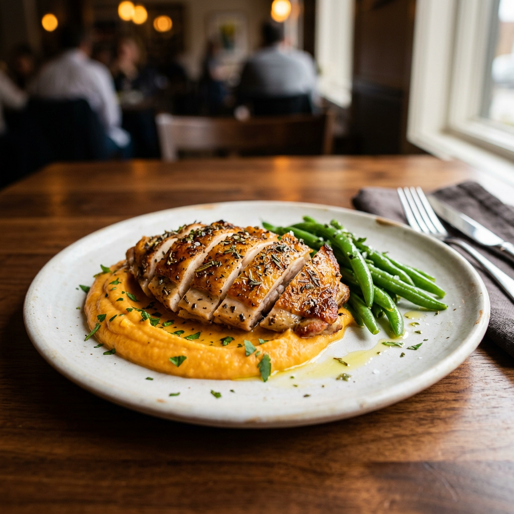 Poulet Rôti & Purée de Patate Douce à l'Ail
