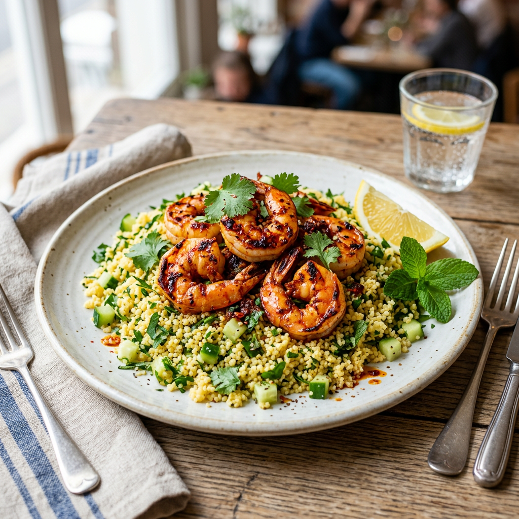 Crevettes Harissa & Couscous Citronné