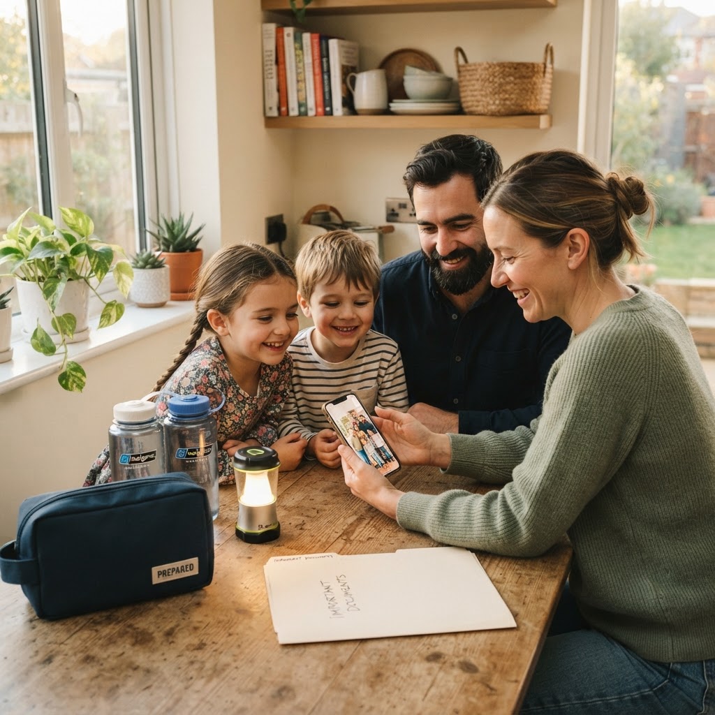 Family gathered together reviewing their household readiness plan