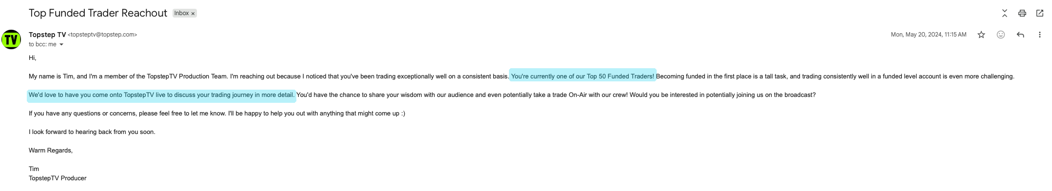 Topstep TV email — Top 50 Funded Traders