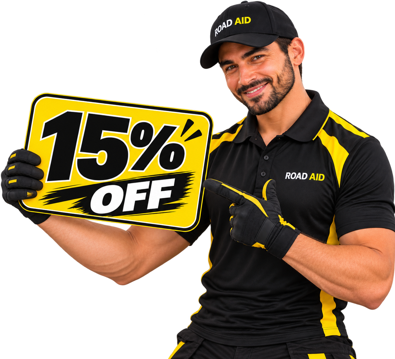 Road Aid technician holding a 15% off sign