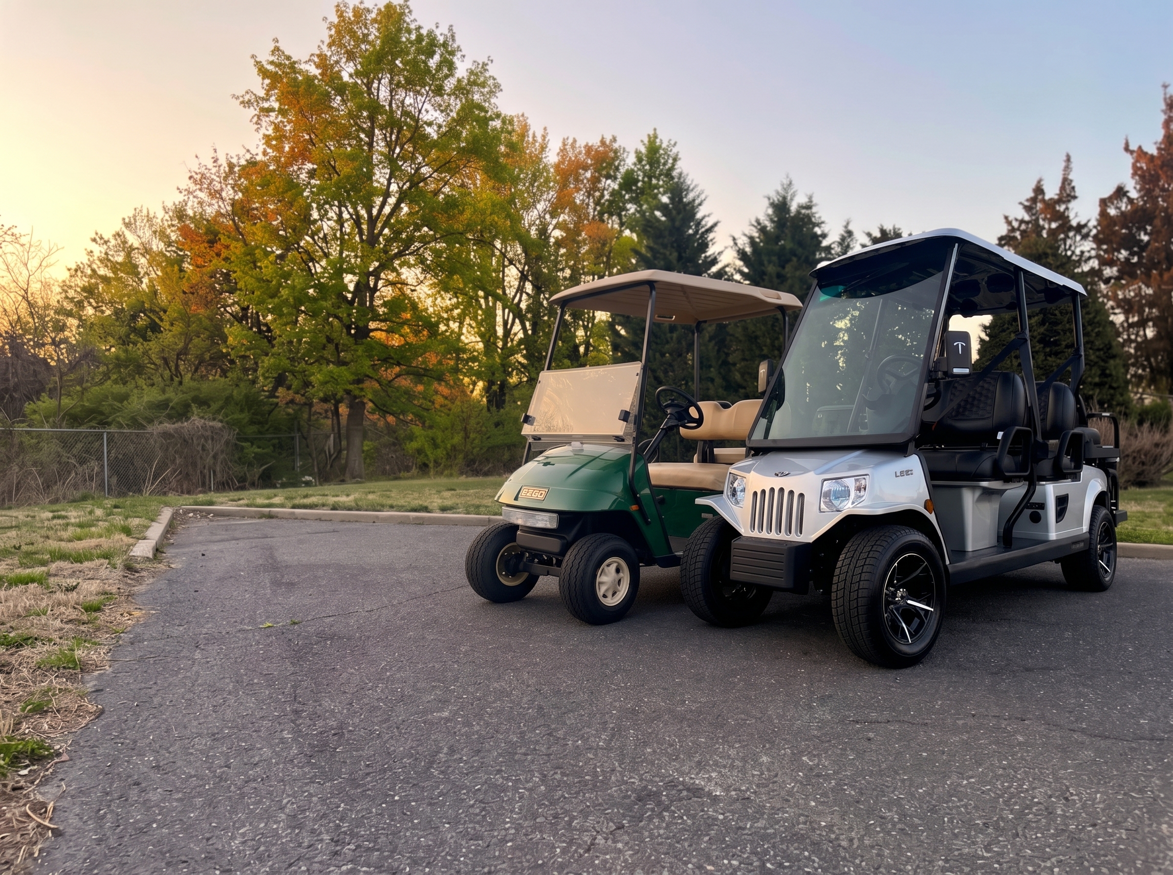 Street-legal LSV and campground golf cart parked side by side