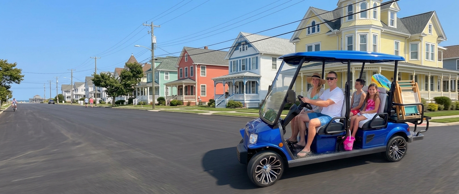 Family riding a blue street-legal LSV past colorful Jersey Shore homes