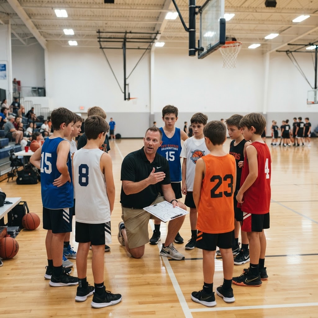 Basketball trainer working with youth player