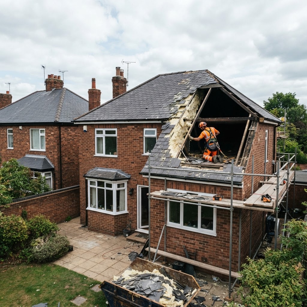 Spray foam being removed from a UK pitched roof