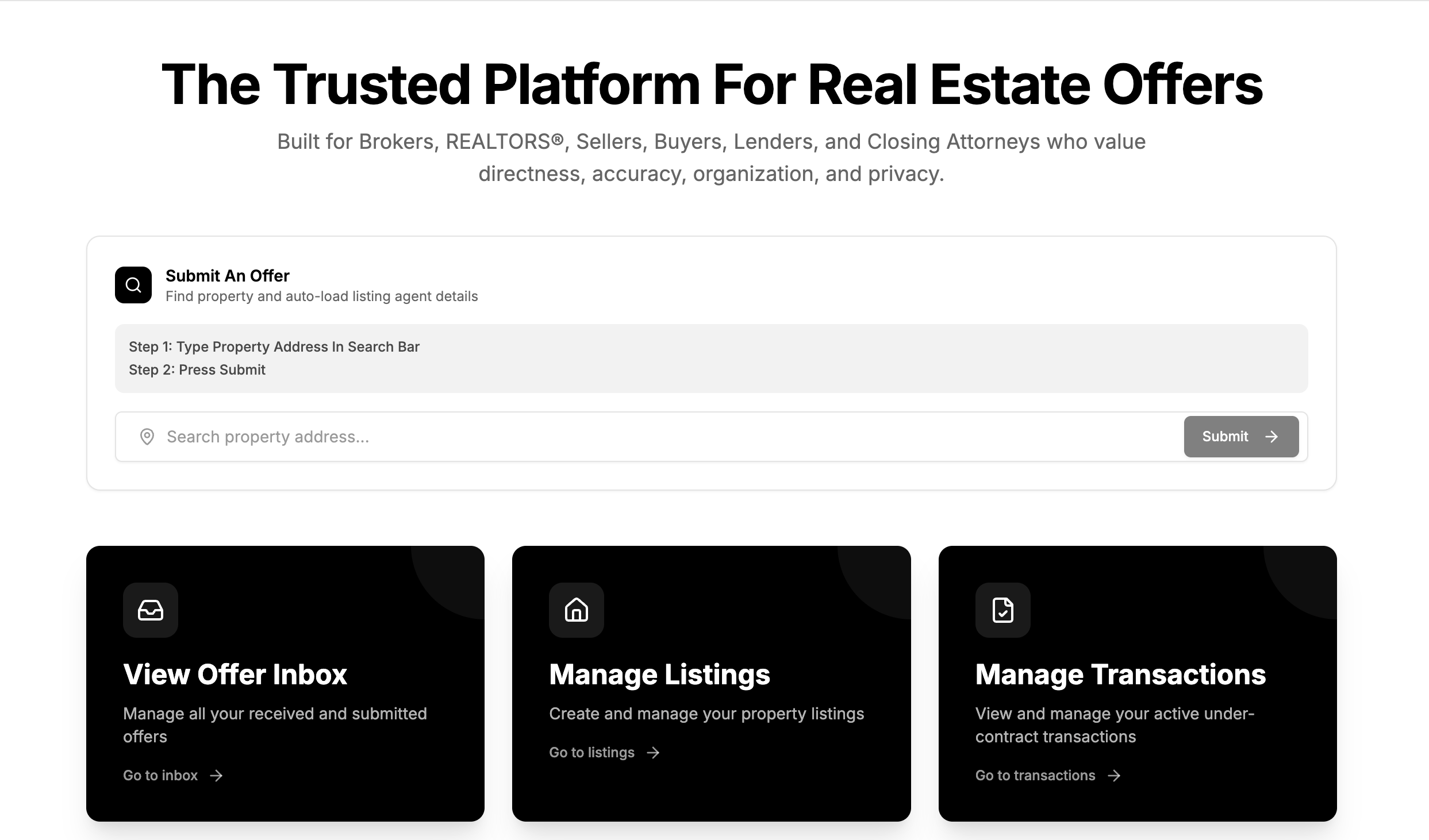 OFFRPORTL dashboard showing offer submission search, offer inbox, listings, and transactions