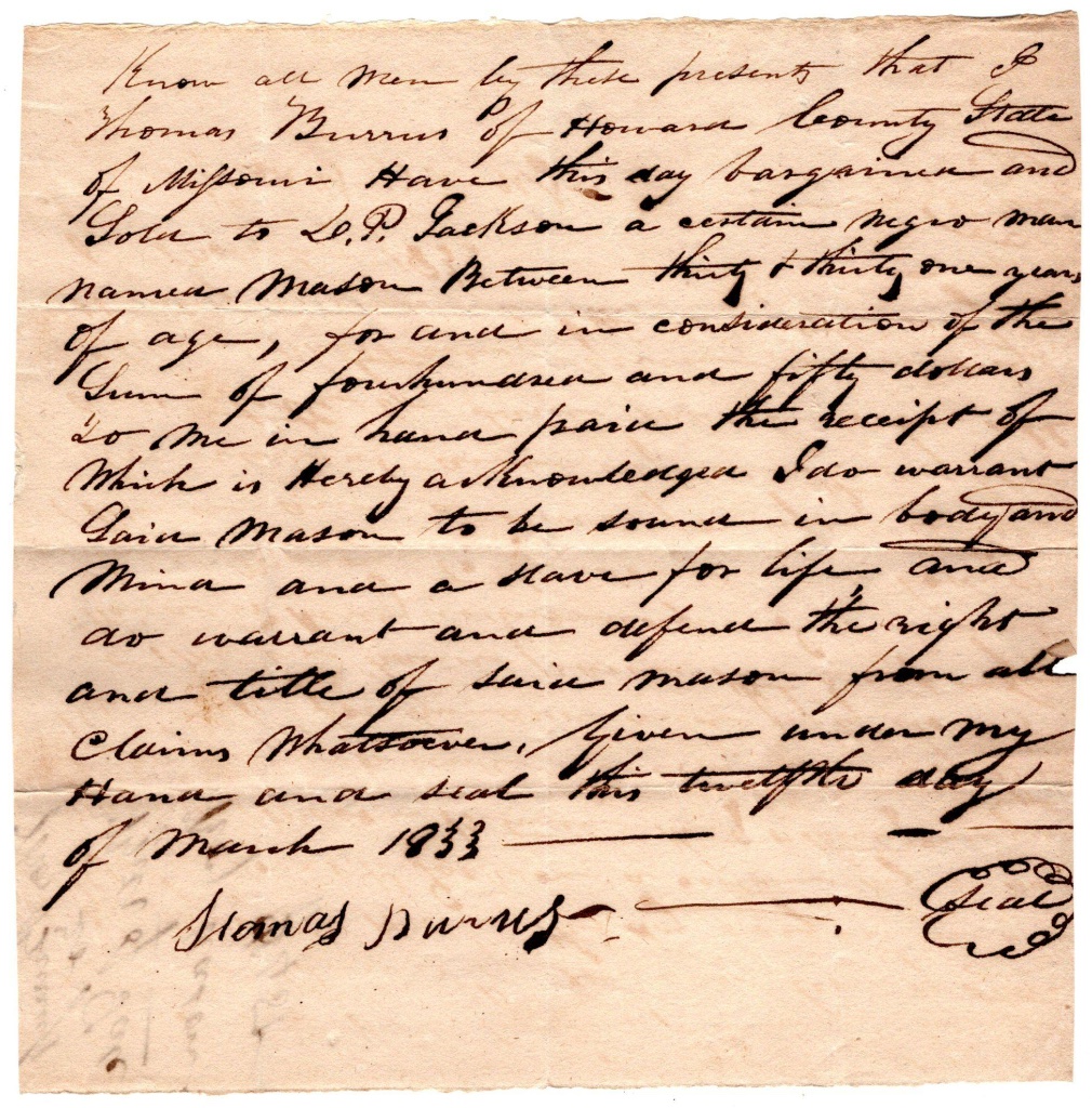 1833 Missouri Bill of Sale — Mason, Enslaved Man, Howard County (Thomas Burns to D.P. Jackson)
