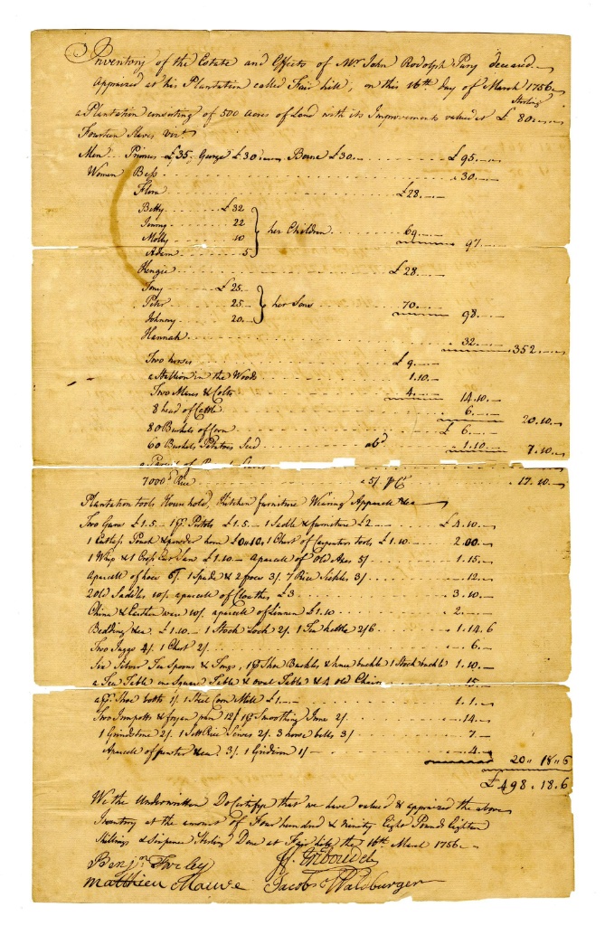 1756 Inventory of Estate of Mr. John Rodolph Perry — Plantation Slaves, Fair Hill