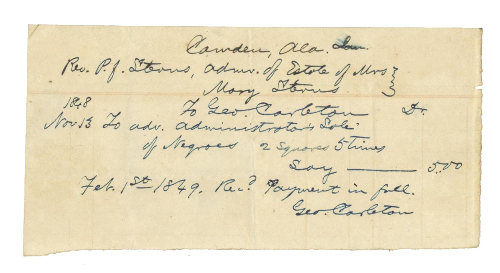 1848-1849 Camden, Alabama — Advertisement for Sale of Negroes (Geo. Carleton)