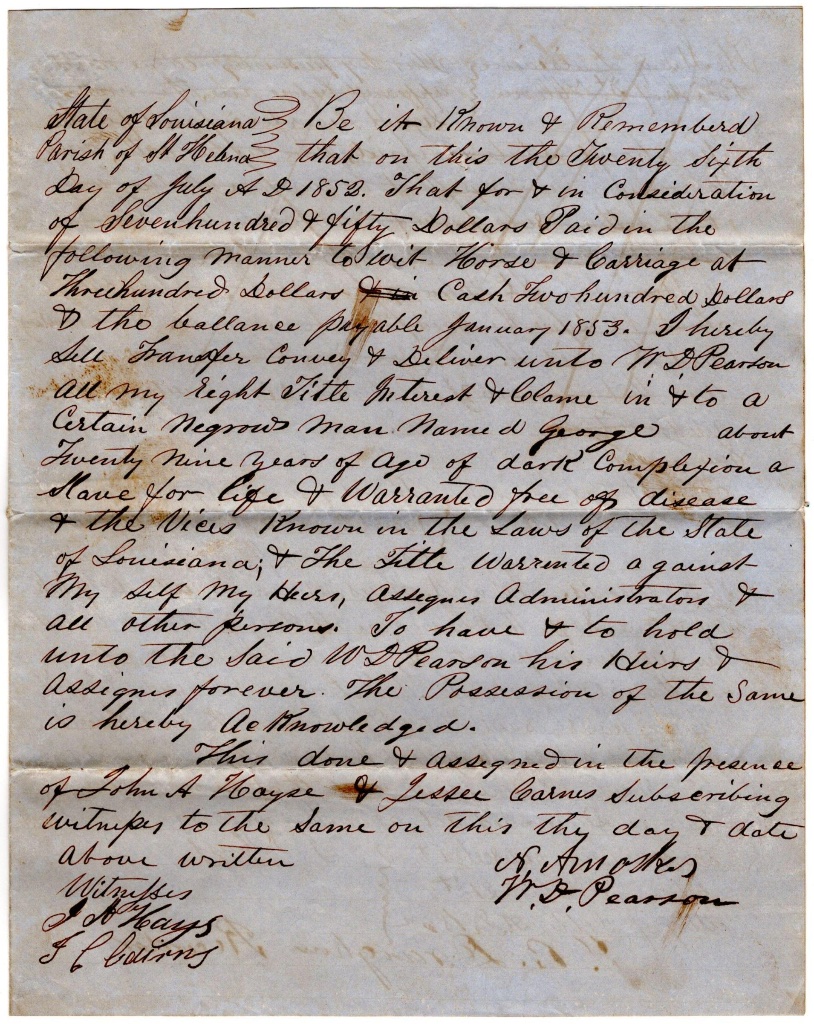 1852 Louisiana Bill of Sale — George, Enslaved Man, Parish of St. Helena (N.A. Moyes to W.D. Pearson)