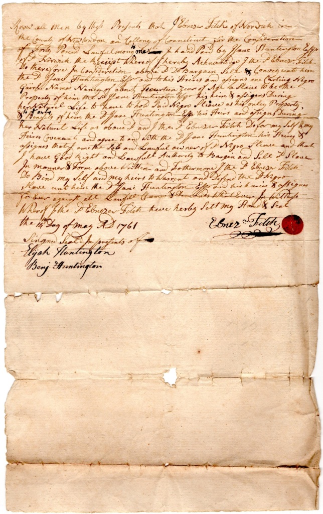 1761 Connecticut Bill of Sale — Nancy, Enslaved Girl, Norwich (Ebenezer Fitch to Jane Huntington)