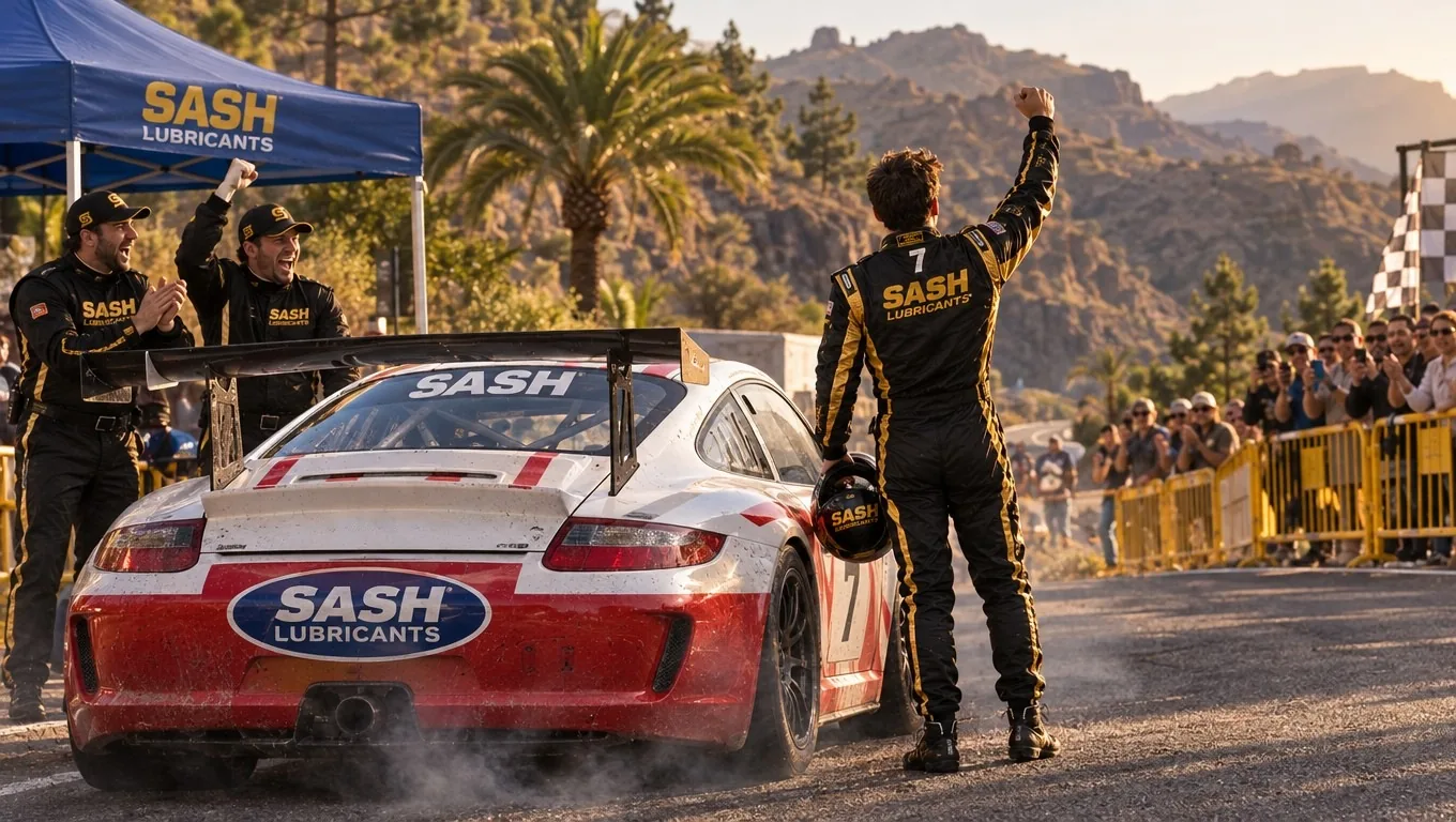 Piloto del equipo SASH Lubricants celebrando la victoria en un rally