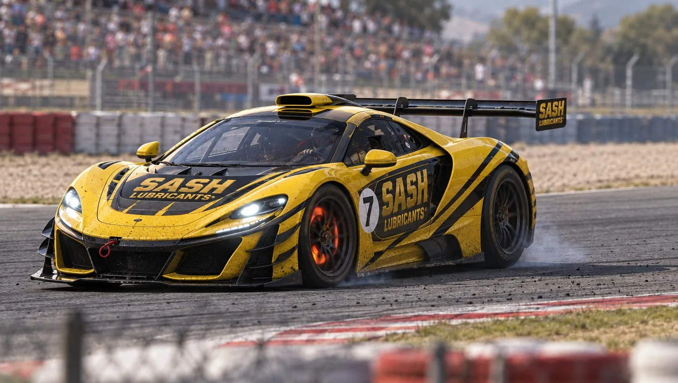 Coche de competición GT con la decoración de SASH Lubricants en circuito