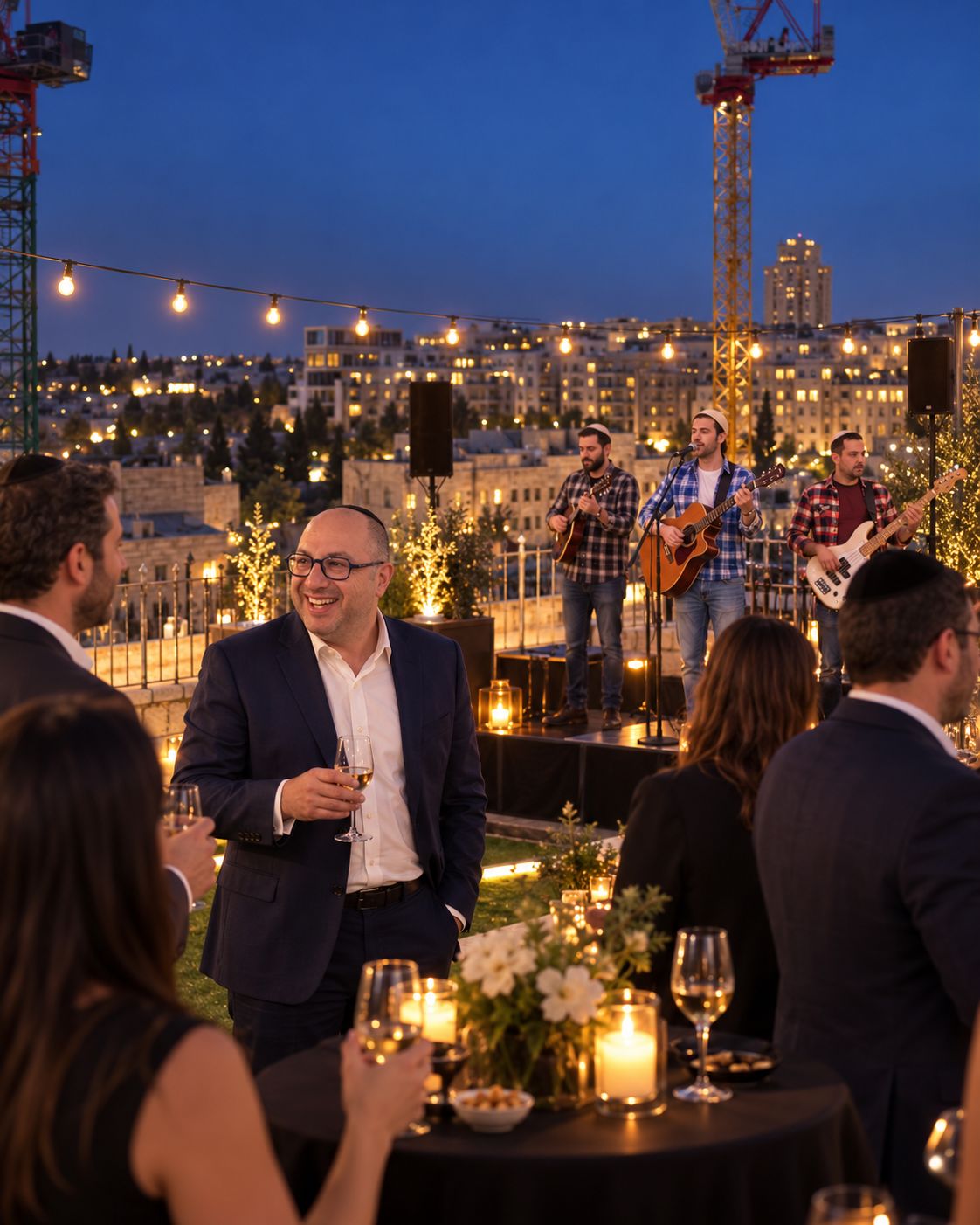 The Solomon Brothers performing on the rooftop at dusk — guests gathering as a live band plays