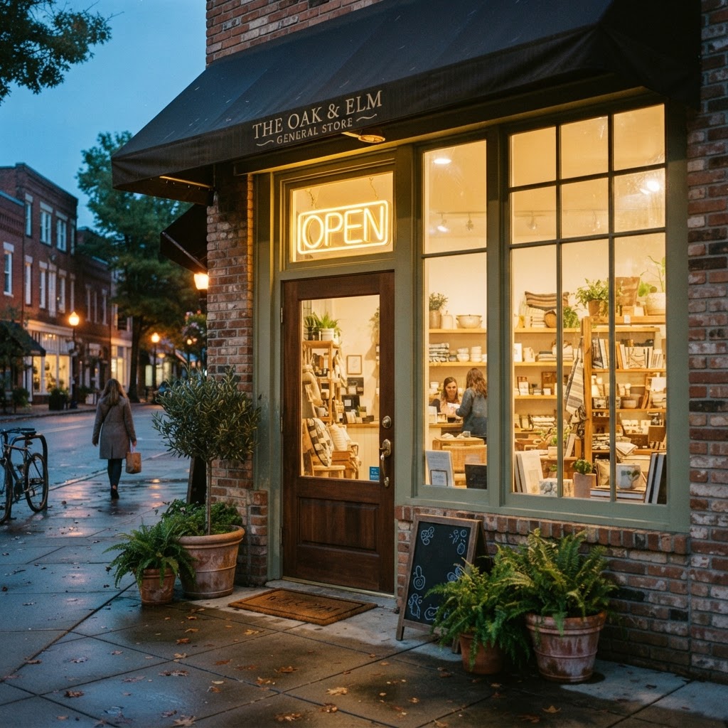 Welcoming small retail business storefront with an illuminated open sign