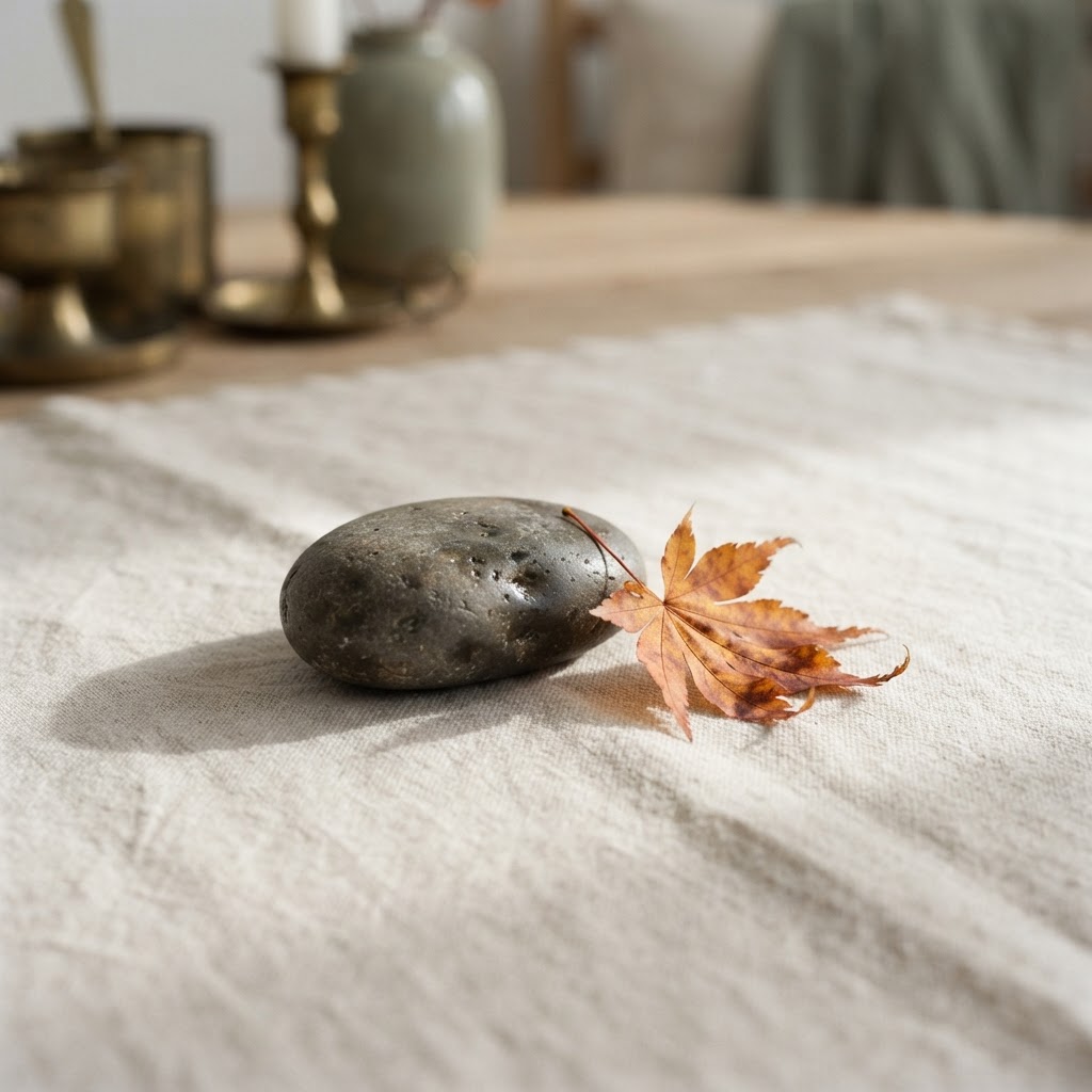 A smooth river stone beside a fallen leaf, symbolising constitution versus current state