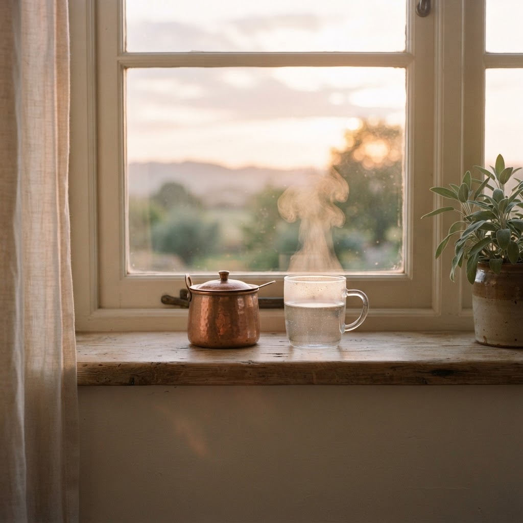 A copper vessel and a glass of steaming warm water on a sunrise windowsill