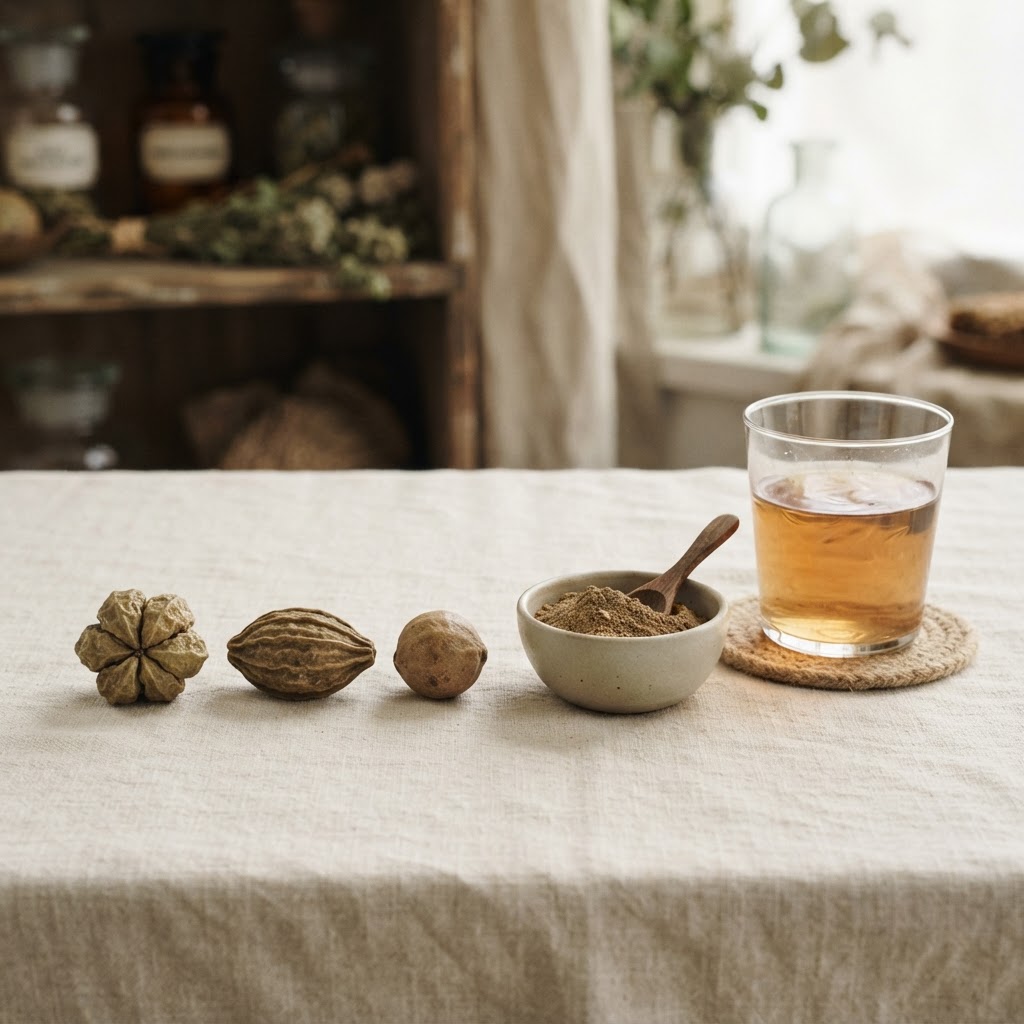 Amla, haritaki and bibhitaki fruits beside triphala powder and warm water