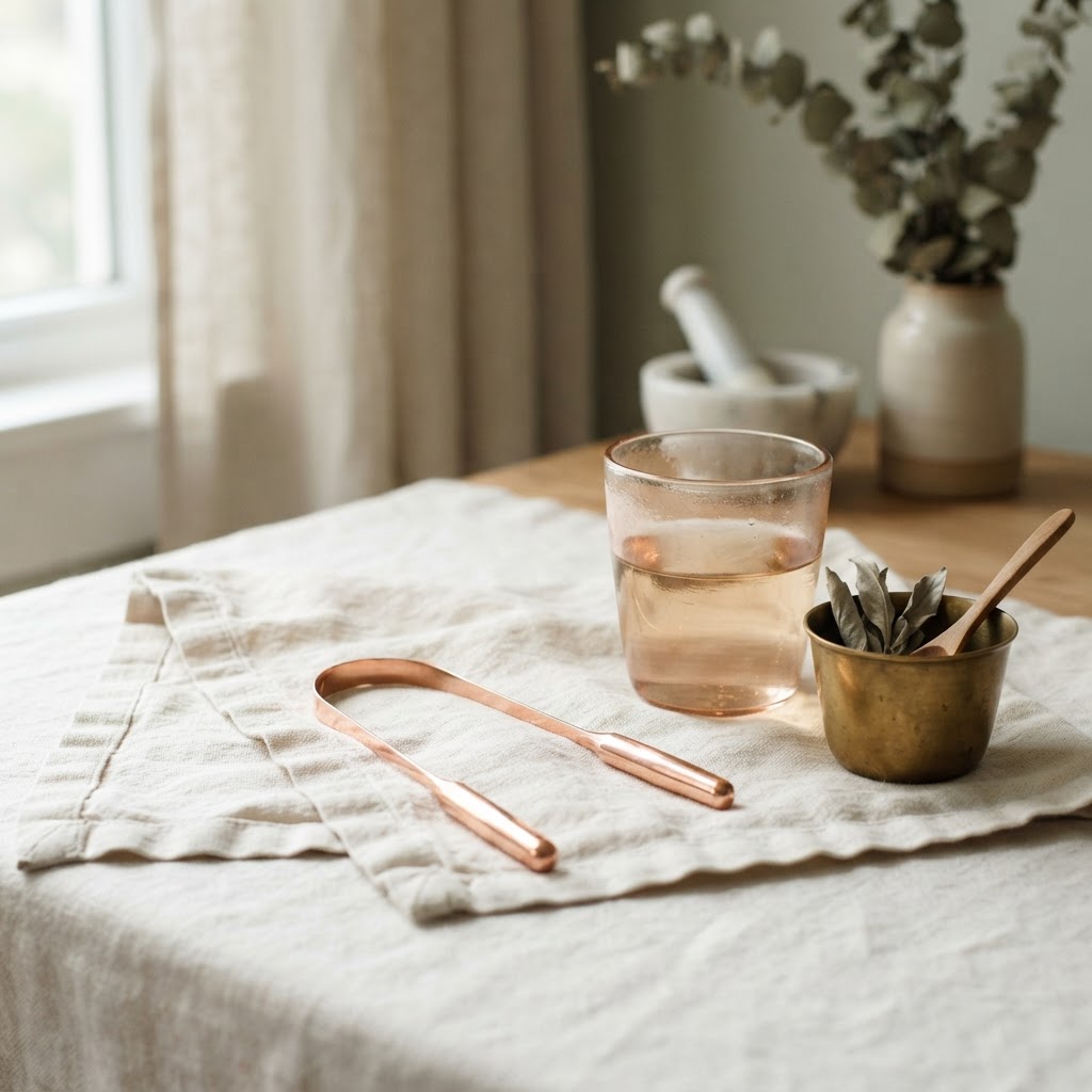 A copper tongue scraper on linen beside a glass of warm water
