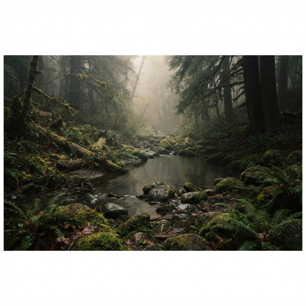 A misty mossy forest with a still stream, evoking the earth and water of Kapha
