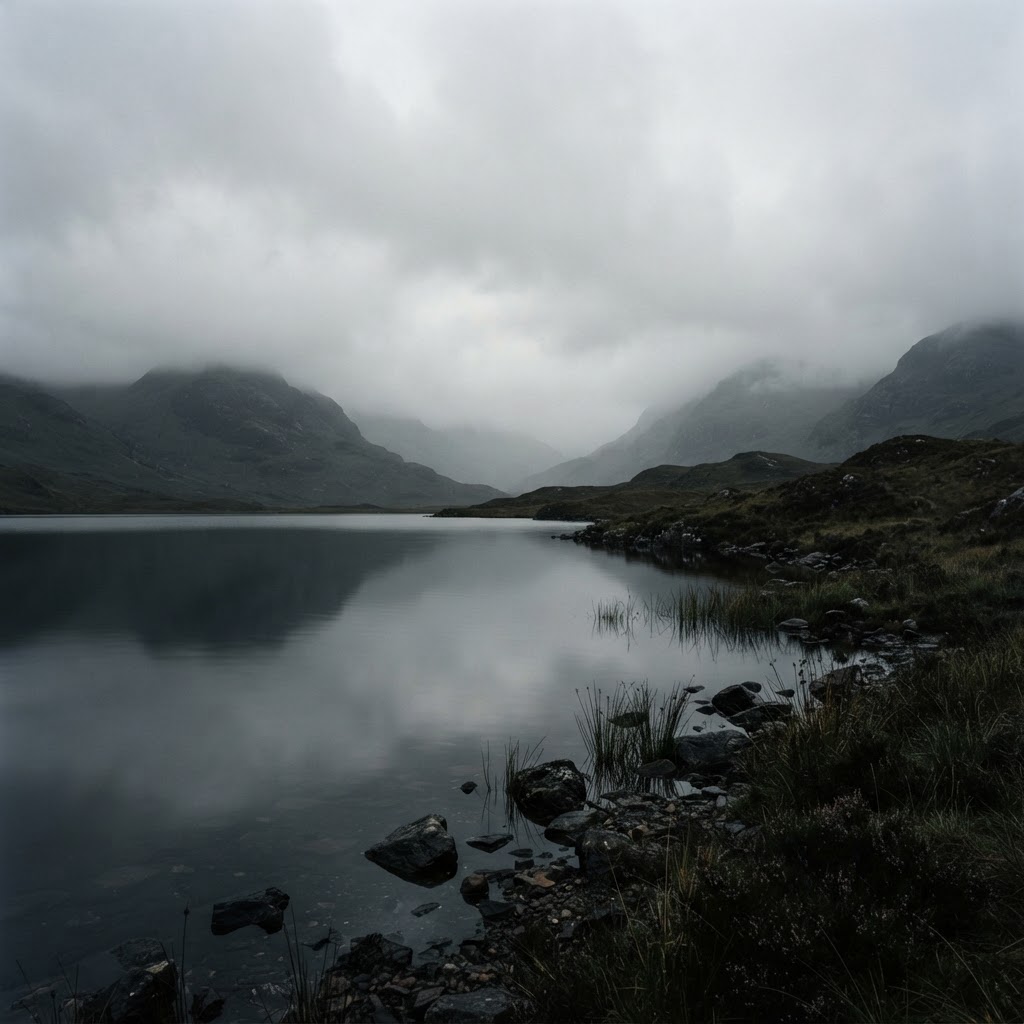 A still grey lake under heavy fog, evoking Kapha heaviness
