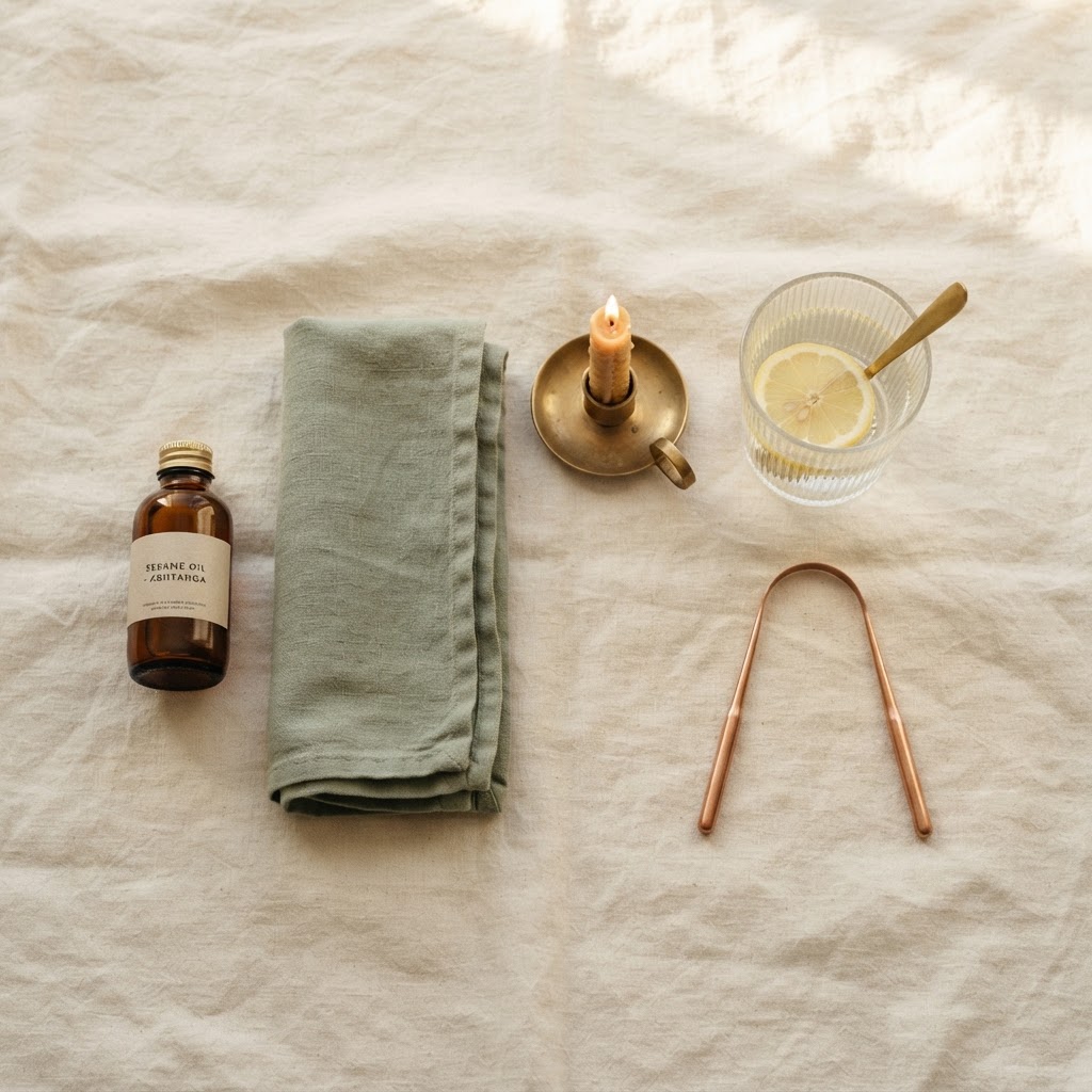 Morning dinacharya items: copper tongue scraper, warm water, sesame oil and a candle