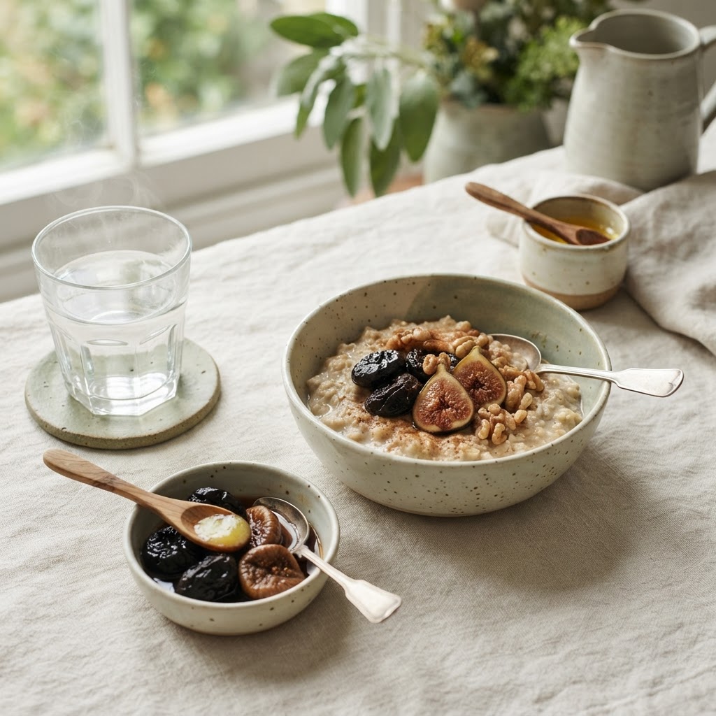 Warm water, soaked prunes and figs, ghee and oats for constipation relief
