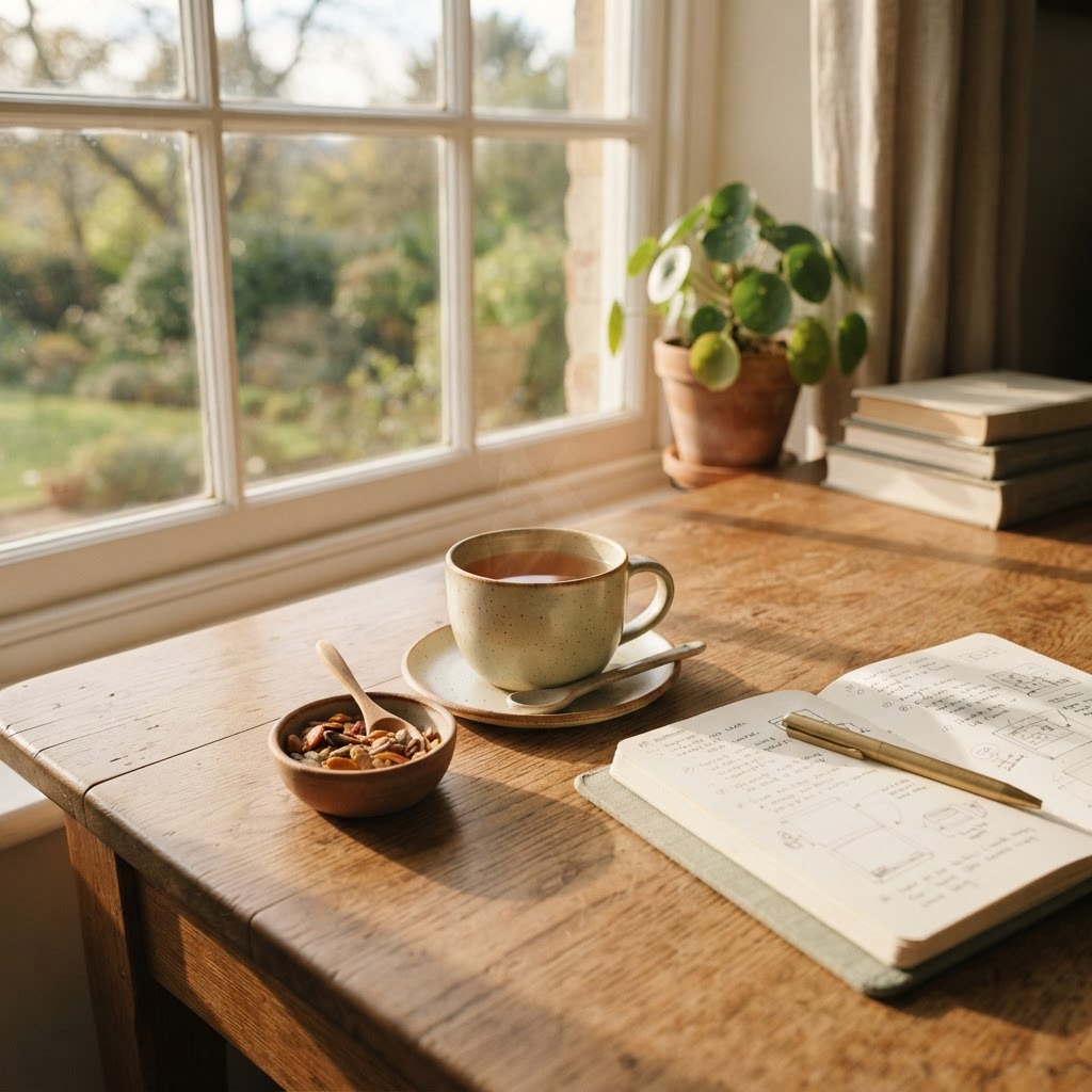 A cup of ginger tea on a desk in warm afternoon light