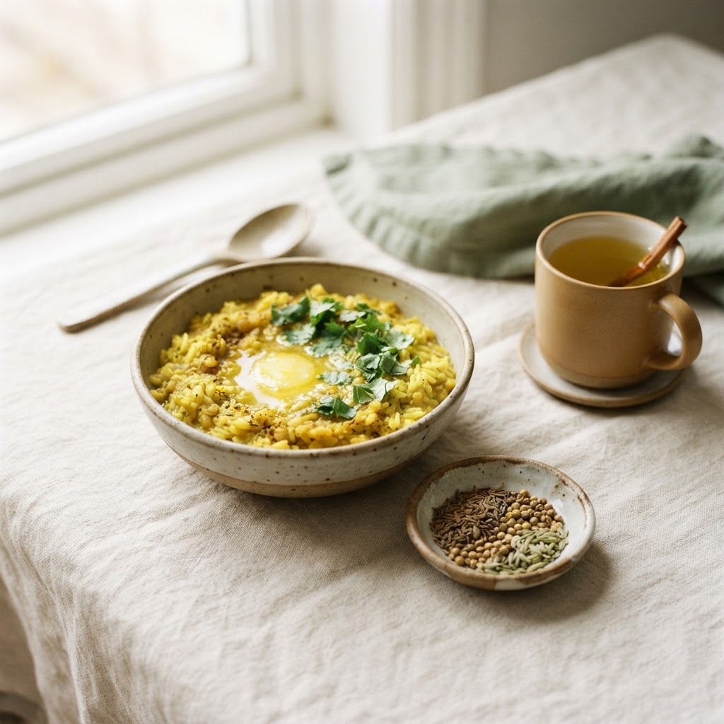 A bowl of kitchari with ghee beside cumin, coriander and fennel seeds and herbal tea