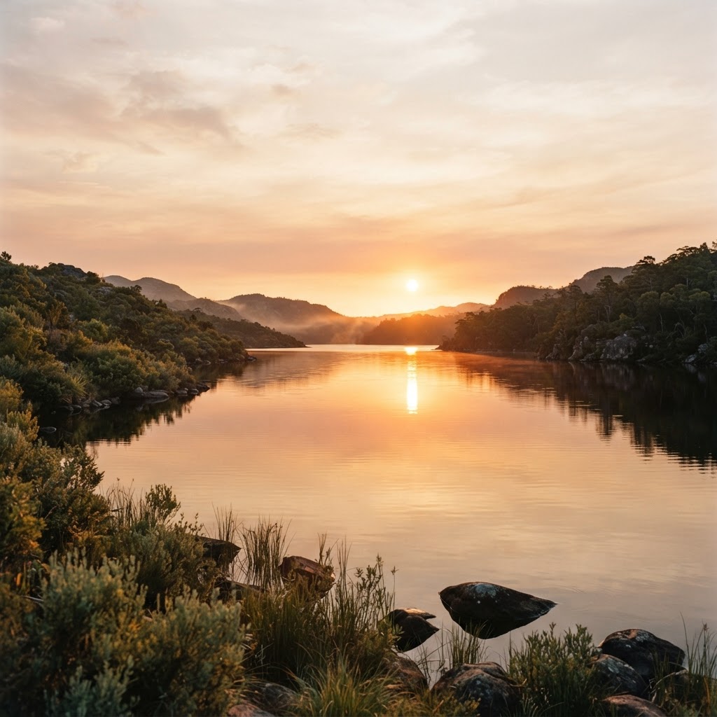 A lake at golden hour reflecting intense sunlight, evoking the fire and water of Pitta
