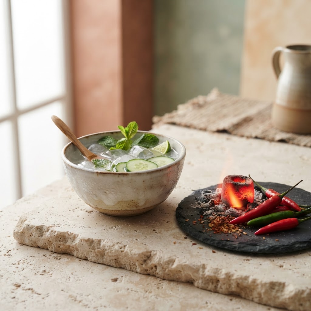 Red chillies and an ember beside coconut water, mint and cucumber: heat and cooling
