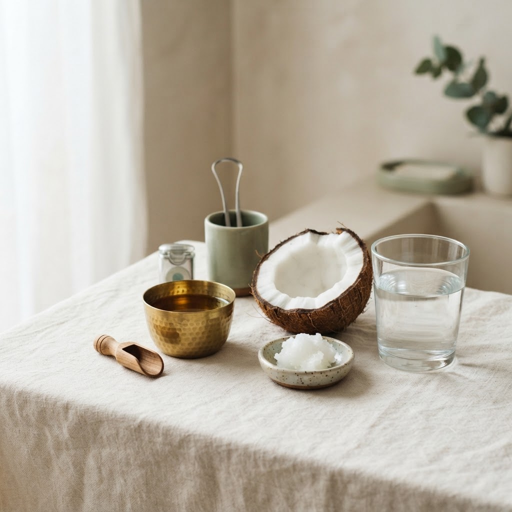 A brass cup of sesame oil and coconut oil for Ayurvedic oil pulling