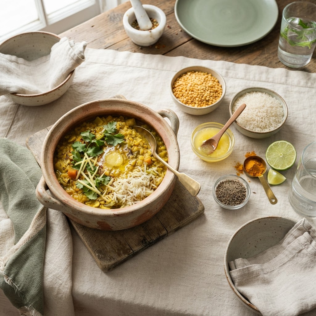 A clay pot of kitchari with mung dal, basmati rice, ghee, turmeric and cumin