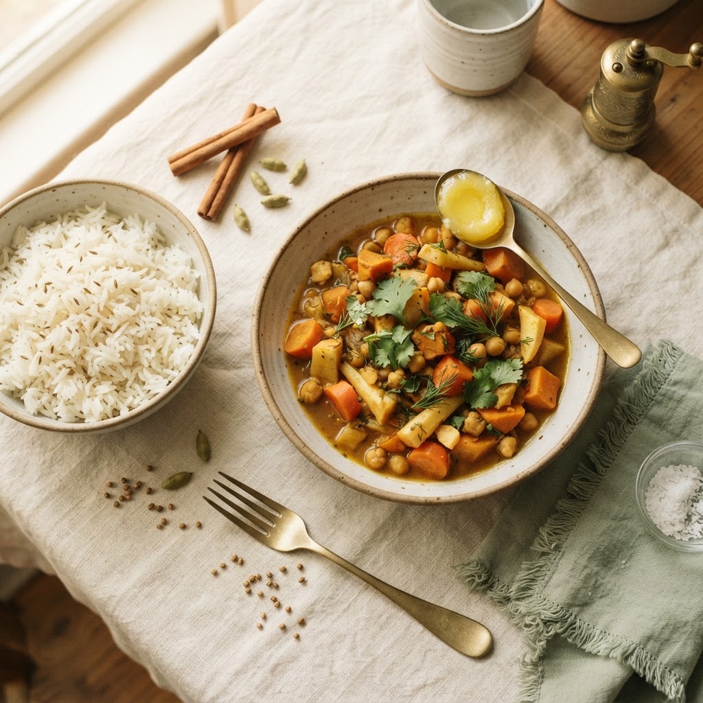 Warm root vegetable stew with ghee, basmati rice, cinnamon and cardamom for a Vata diet