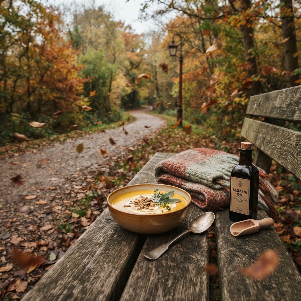 Autumn leaves beside pumpkin soup, a scarf and sesame oil for Vata season