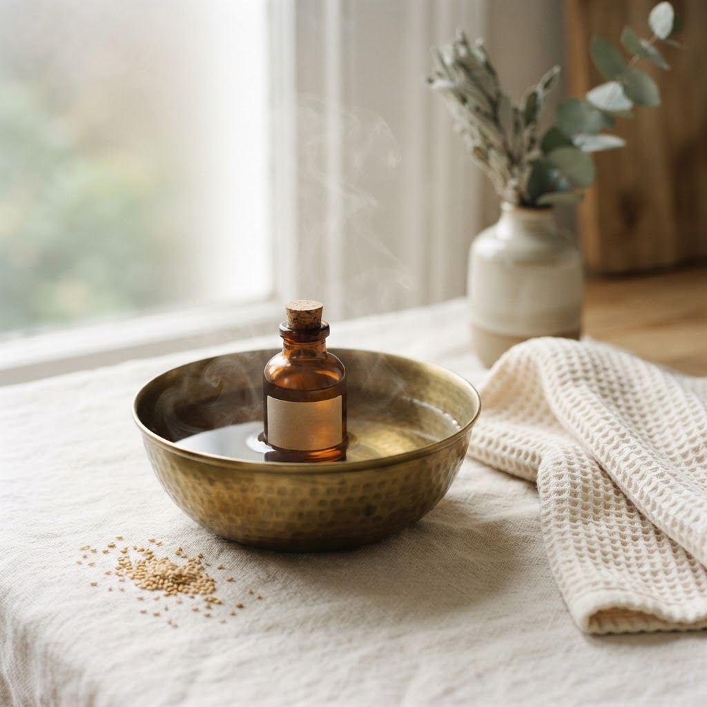 A bottle of sesame oil warming in a brass bowl of hot water for abhyanga