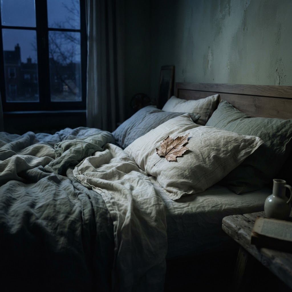 A moonlit bed at 3am with a dry leaf on the pillow, evoking Vata restlessness