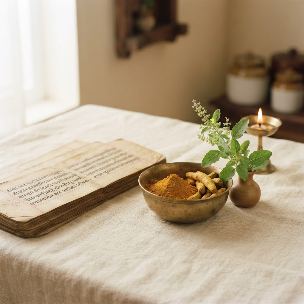 Ayurvedic manuscript beside a brass bowl of turmeric, tulsi leaves and an oil lamp