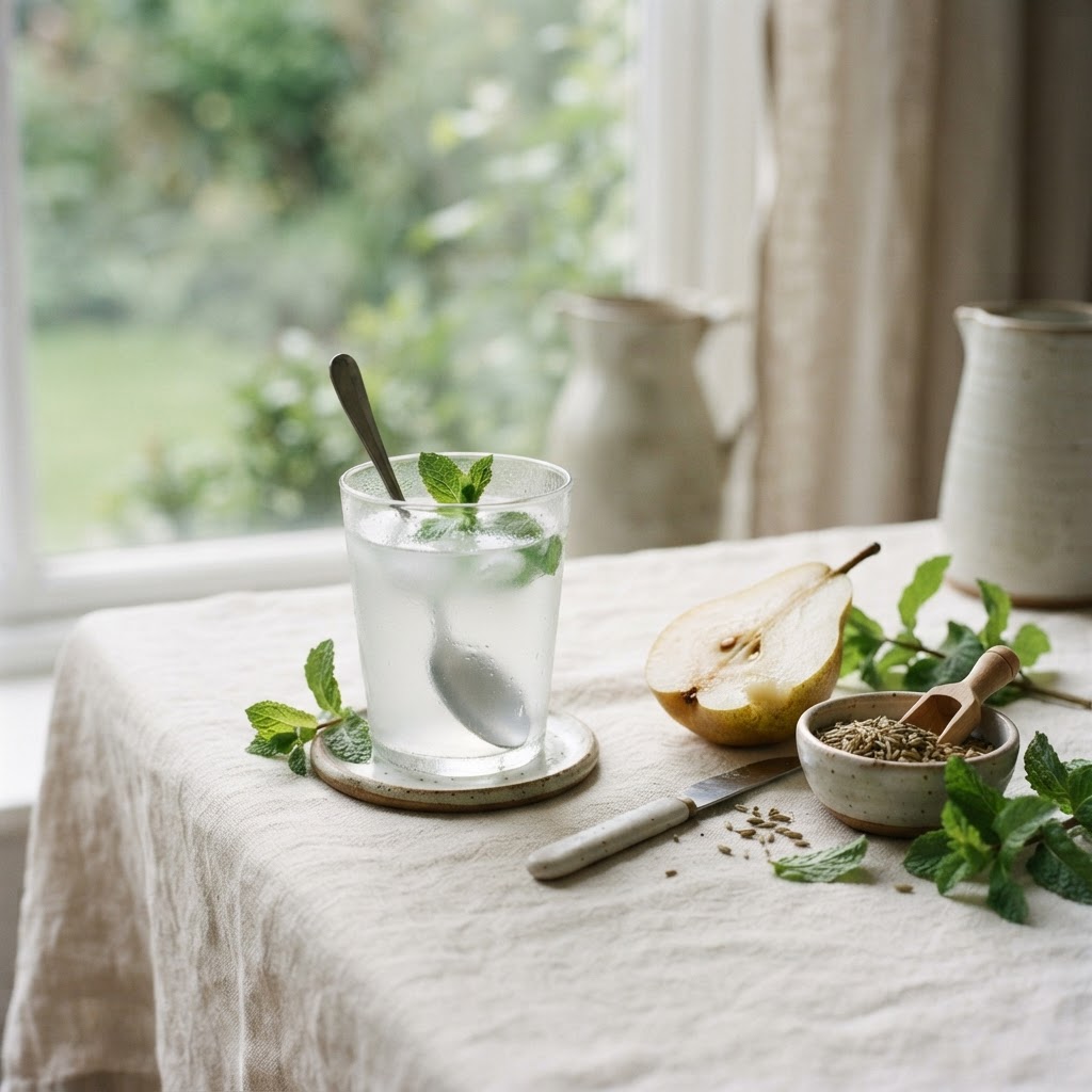 Coconut water, fennel seeds, fresh mint and pear, cooling foods for acid reflux
