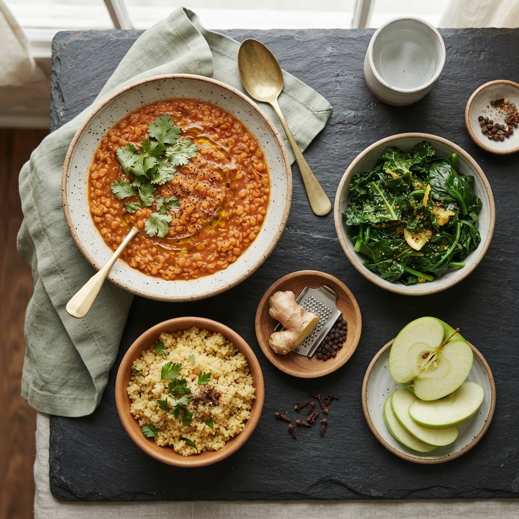 Light Kapha foods: spiced lentil soup, greens, millet, ginger, black pepper and apple