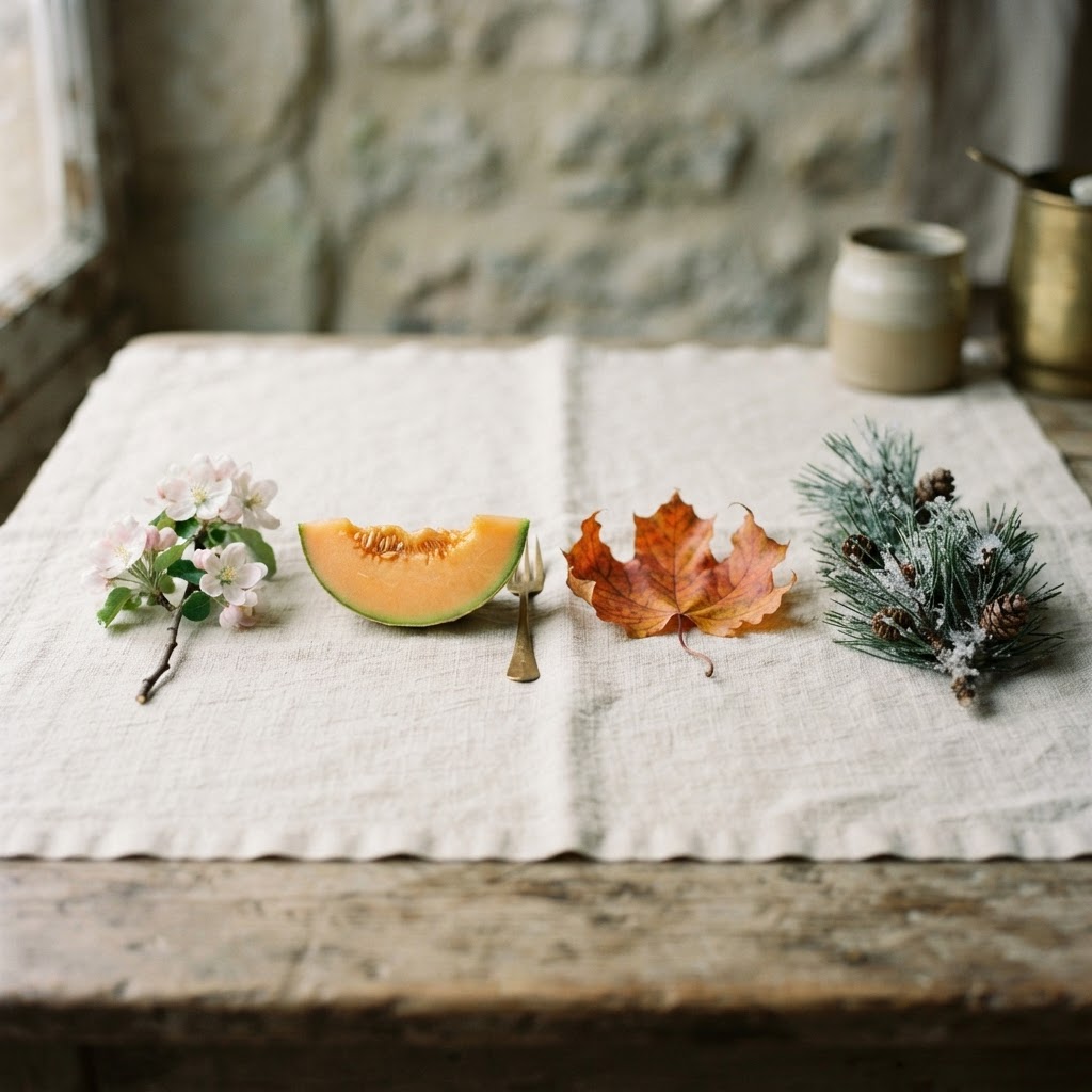 Blossom, melon, maple leaf and frosted pine representing the four seasons