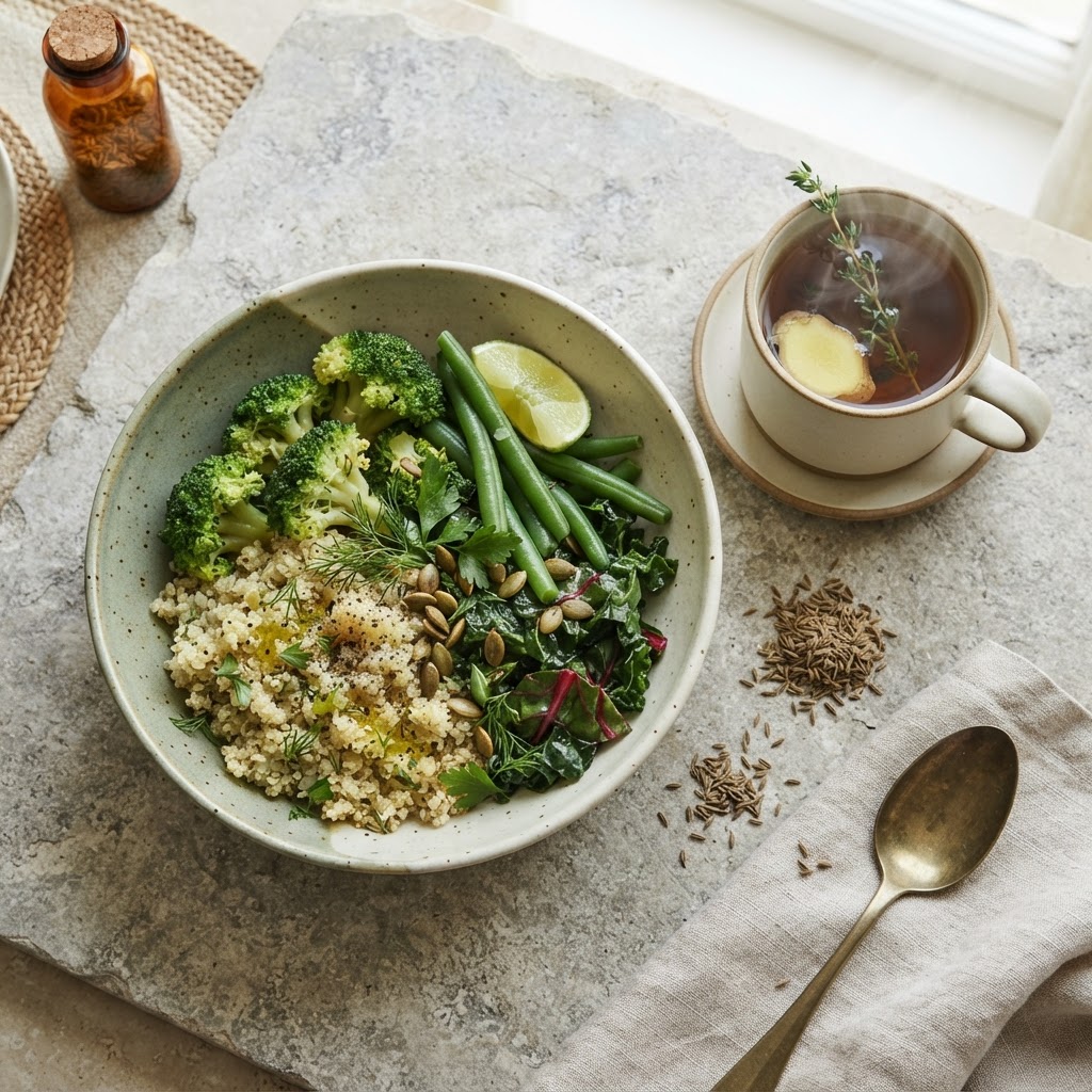 Quinoa with broccoli, green beans and bitter greens beside ginger tea for a Pitta-Kapha diet