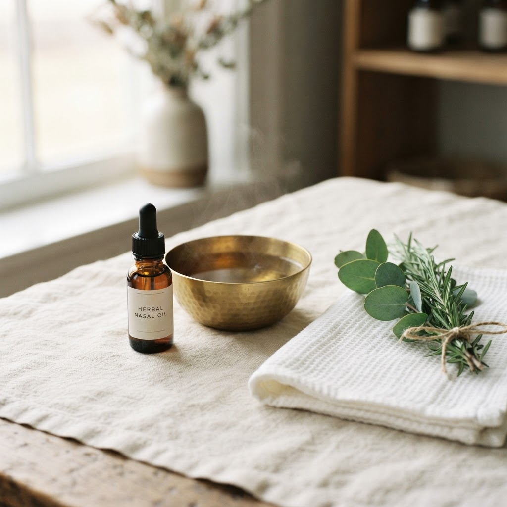 A dropper bottle of herbal nasya oil warming beside a brass bowl