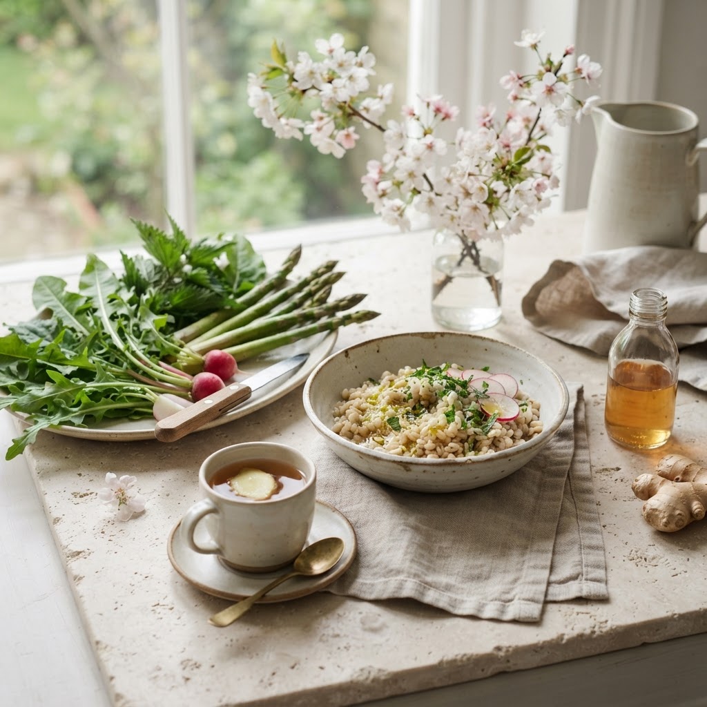 Bitter spring greens, asparagus, blossom, ginger tea and barley for a Kapha cleanse